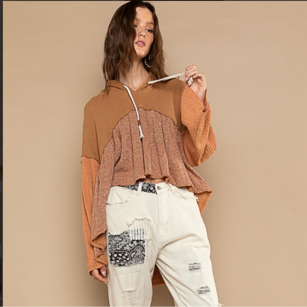 POL Waffle Knit Hoodie with Bell Sleeve Crop Top
